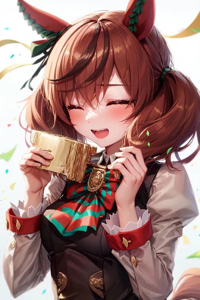 The image shows an anime-style girl with brown hair and green eyes. She has rabbit ears and is wearing a white shirt with a red and green striped bow. She is also wearing a brown vest with gold buttons. She has a big smile on her face and is holding a golden cup in her hands. There are also some green and red confetti-like objects floating around her.