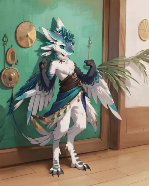 The image shows an anthropomorphic creature with white fur, blue-green wings, and a long tail. It is wearing a green and brown outfit and has a confident expression on its face. It is standing in front of a wooden door, with one hand on its hip and the other holding a staff. The background is green, with a few golden decorations on the wall. The creature is standing on a wooden floor.