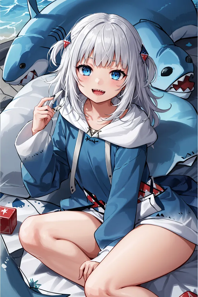 The image shows an anime-style girl with white hair and blue eyes. She is wearing a blue hoodie with a white collar and a shark tooth necklace. She is also wearing white shorts and black socks. She is sitting on a bed with a shark plushie behind her and a red and white present on her right. She is holding a pair of scissors in her right hand and is smiling. The background is a light blue color.