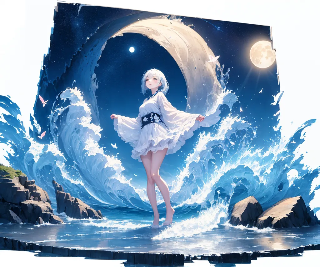 The image is of an anime girl with white hair and blue eyes. She is wearing a white dress with a blue sash and is standing on a rock in the middle of the ocean. There are large waves crashing against the rocks on either side of her. In the background, there is a full moon and a crescent moon. The sky is dark and there are some clouds.