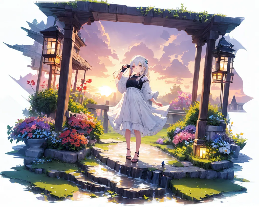 The image is a beautiful anime-style illustration of a girl standing in a garden. The girl has long white hair and green eyes, and she is wearing a white dress. She is standing on a stone path, and there are flowers blooming on either side of her. There is a wooden archway behind her, and two lanterns are hanging from it. The sun is setting in the background, and the sky is a gradient of orange and pink. The image is very peaceful and serene.