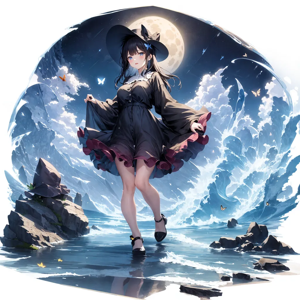 The image is a painting of a young woman standing on a beach at night. She is wearing a black dress with a red underskirt and a black hat. She has long black hair and blue eyes. The background is a stormy sea with large waves crashing against the shore. The sky is dark and there is a full moon.