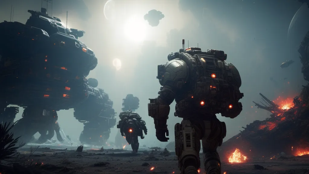 The image shows a group of soldiers in futuristic armor walking through a war-torn landscape. The soldiers are all wearing heavy armor and carrying large guns. The landscape is covered in craters and debris, and there are several large explosions in the background. The sky is dark and there are two moons in the sky.