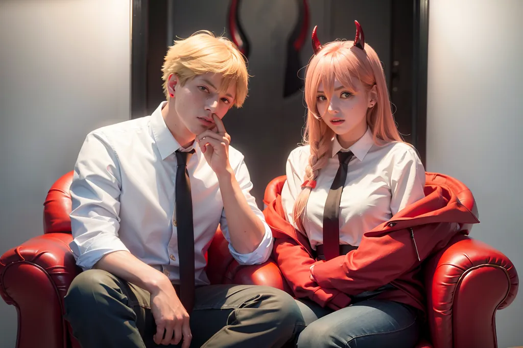 This image shows a man and a woman sitting on a red leather couch. The man is wearing a white dress shirt, black pants, and a black tie. He has blond hair and blue eyes. He is sitting with his right hand on his chin and his left hand resting on his knee. The woman is sitting to the right of the man. She is wearing a white dress shirt, black pants, and a red tie. She has pink hair and pink eyes. She is sitting with her left hand on her lap and her right hand holding her chin. There is a dark red curtain behind them.