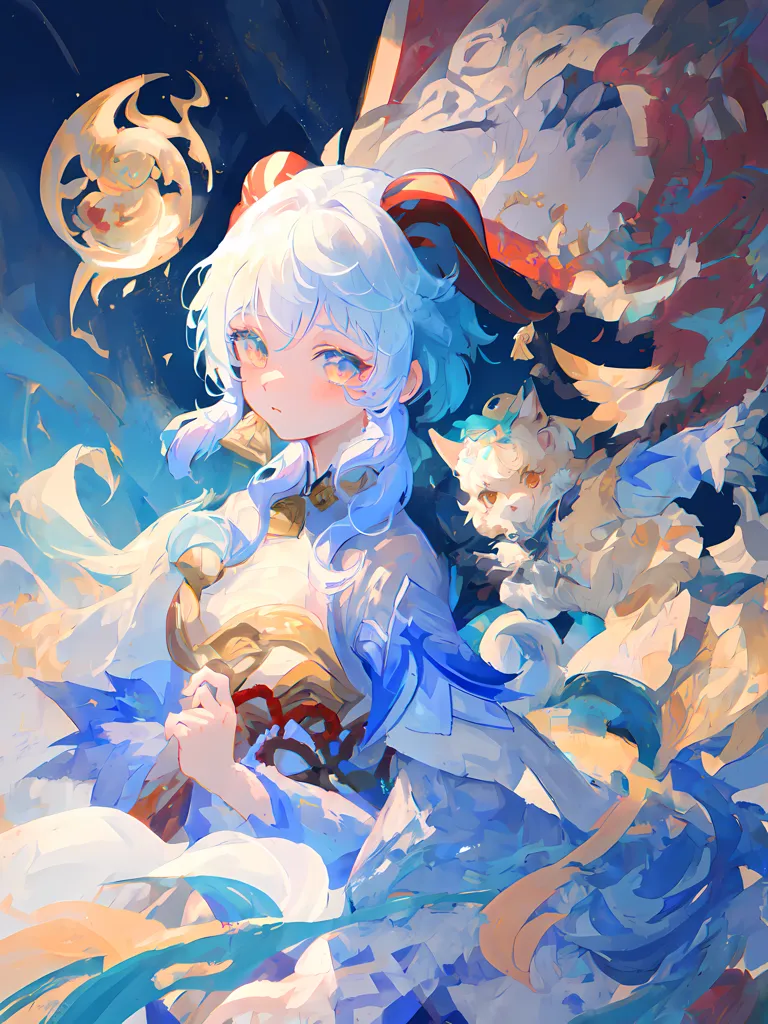 The image is of a young woman with long white hair and blue eyes. She is wearing a white and blue dress with a red ribbon in her hair. She is standing in front of a blue and white background with a crescent moon in the top left corner. There is a small white creature with her. It has blue and brown ears and looks like a cat. The woman has a sad expression on her face.