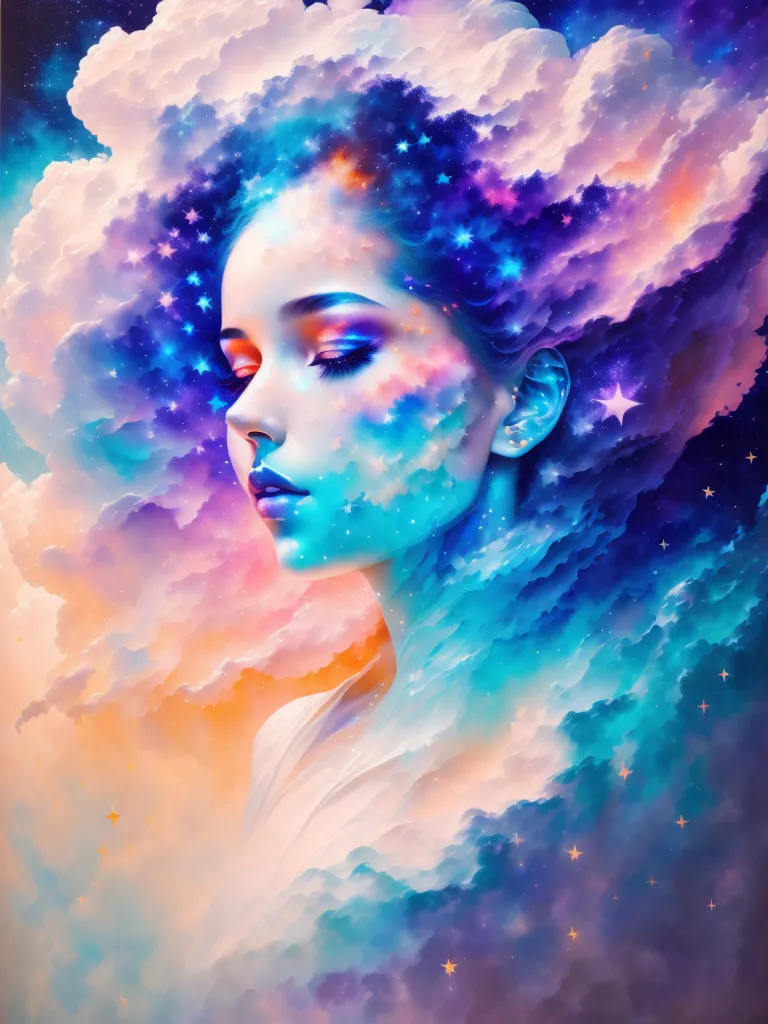 The image is a depiction of a woman's face. Her face is turned to the right of the viewer. She has light blue skin and dark hair with a few stars in it. Her eyes are closed and she has a serene expression on her face. The background is a swirling mass of clouds in various shades of blue, purple, and pink. The clouds are also dotted with stars. The overall effect of the image is one of beauty and tranquility.