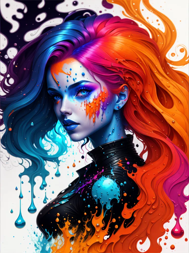 The image is a portrait of a woman with long, flowing hair. Her hair is a rainbow of colors, with blue, green, pink, and orange. The woman's skin is pale and flawless. Her eyes are a deep blue, and her lips are a soft pink. She is wearing a black bodysuit that is covered in colorful paint. The paint is dripping down her body, and it looks like she has been in a paint fight. The woman's expression is one of defiance. She is looking at the viewer with a challenging gaze, and she seems to be daring them to come closer. The image is set against a white background, which makes the woman's colorful hair and skin stand out. The image is a digital painting, and it is clear that the artist has put a lot of time and effort into creating it. The image is both beautiful and thought-provoking, and it is sure to leave a lasting impression on viewers.