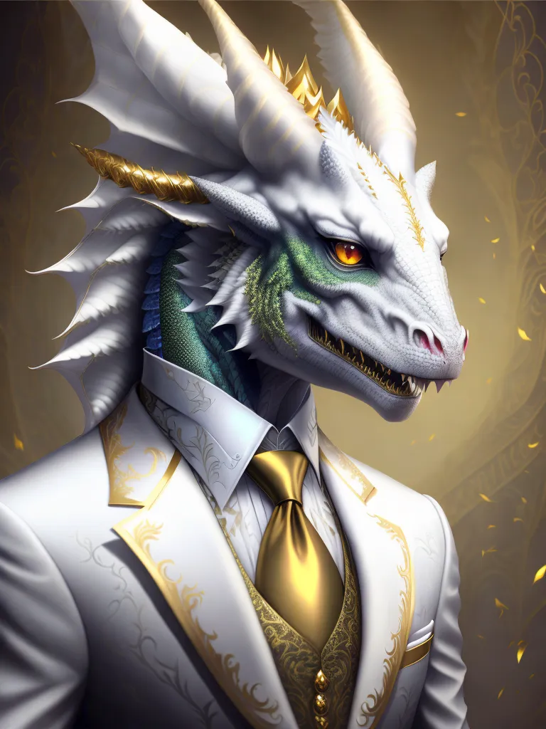 The image shows a white dragon wearing a suit and tie. The dragon has green eyes and gold horns. It is wearing a white suit with a gold tie and a white rose boutonniere. The dragon is standing in front of a gold background and has a serious expression on its face.