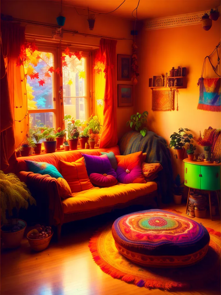 This is a living room with a large window, an orange sofa, and a colorful rug on the floor. The room is decorated with many plants, and there are bookshelves on the walls. The curtains are orange, and there is a green cabinet next to the sofa. The sofa is covered with pillows, and there is a blanket on the back of the sofa. The rug is round and has a colorful pattern. There is a small table next to the cabinet with a vase of flowers on it. The walls are painted orange, and there is a white ceiling. The floor is wooden, and there is a wooden coffee table in the center of the room.