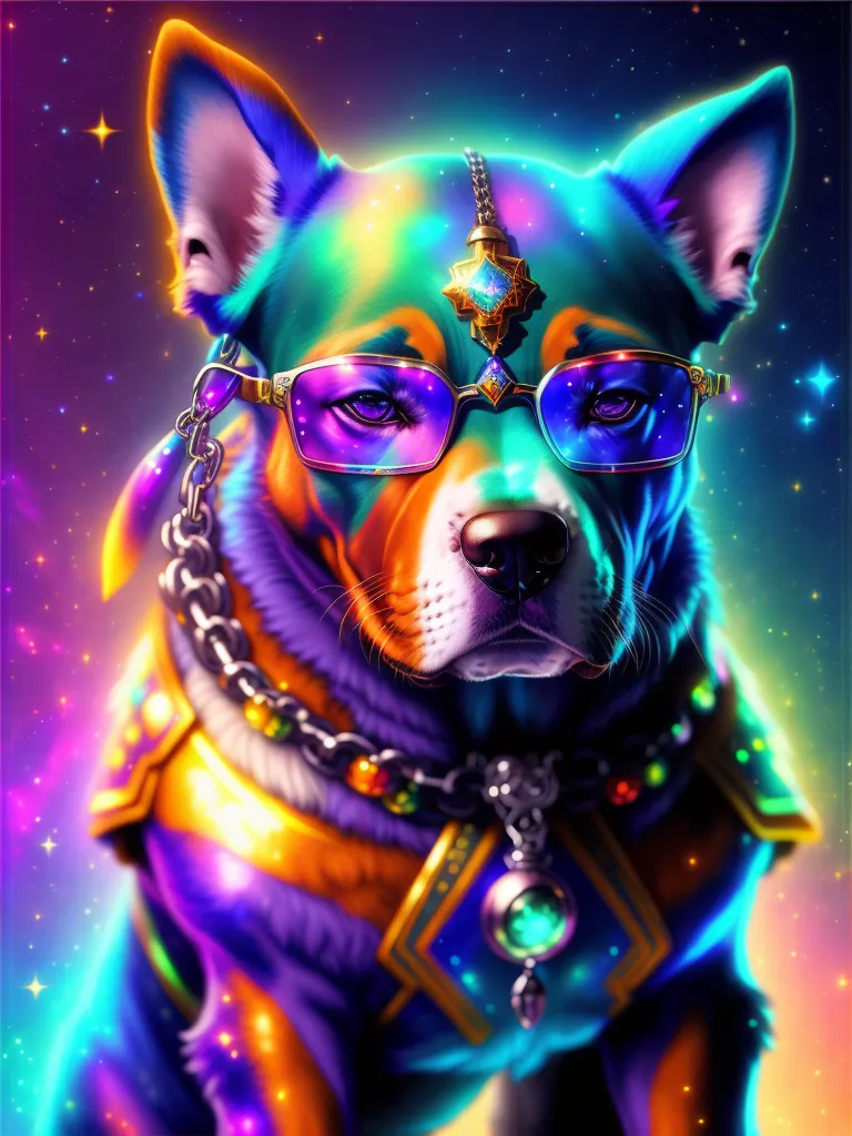 La imagen muestra un perro con gafas y un collar de oro con una gema verde. El perro tiene un pelaje azul, verde y morado, y está sentado frente a un fondo estrellado. El perro tiene una expresión seria en su rostro.