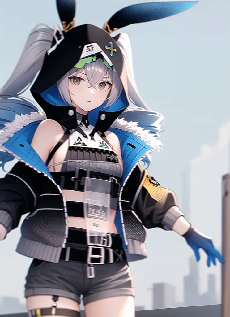 The image is an anime-style illustration of a young woman with long silver hair and blue eyes. She is wearing a black and white hoodie with a fur-lined hood, a white crop top, and a pair of black shorts. She is also wearing a pair of black gloves and a pair of black boots. She has a serious expression on her face and is looking at the viewer with her right hand extended. She has bunny ears and a tail.