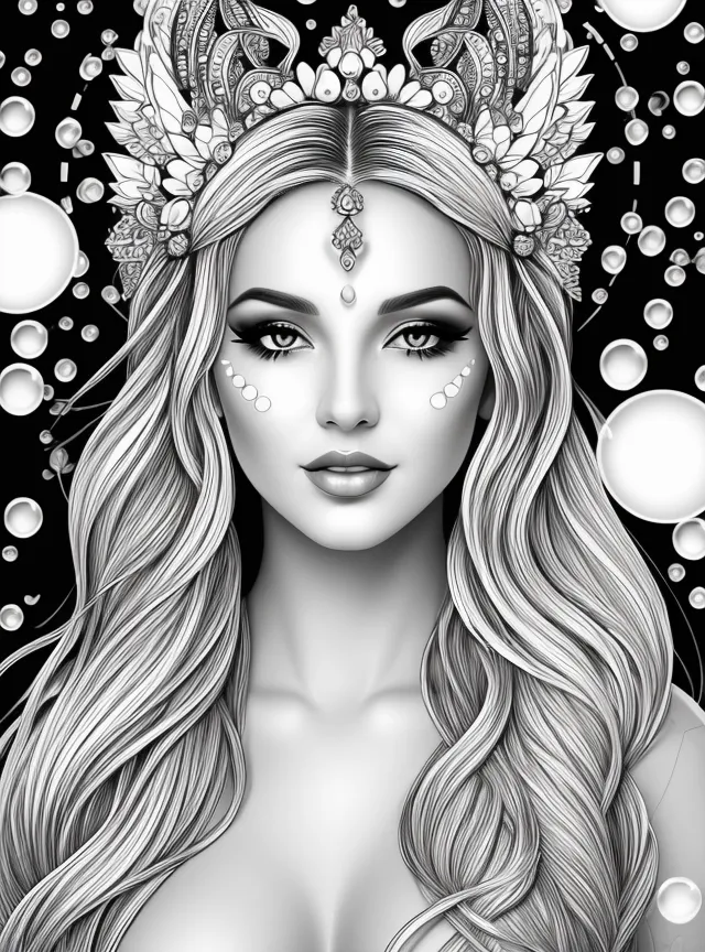 The picture shows a grayscale portrait of a woman with long, flowing hair. She is wearing a crown or headpiece with five points. There are also some small objects floating around her head. She is looking at the viewer with her head tilted a bit downwards at an angle.