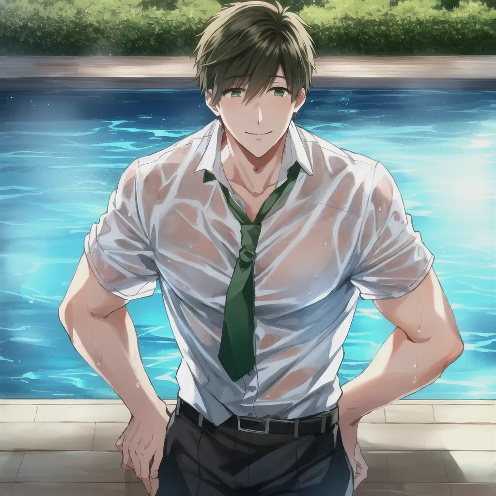 The image shows a young man standing next to a swimming pool. He is wearing a white shirt and dark pants. The shirt is wet and clings to his body, revealing his muscular build. He has green hair and green eyes, and he is smiling at the viewer. He is standing with his feet shoulder-width apart, and his hands are resting on his hips. He has a confident expression on his face.