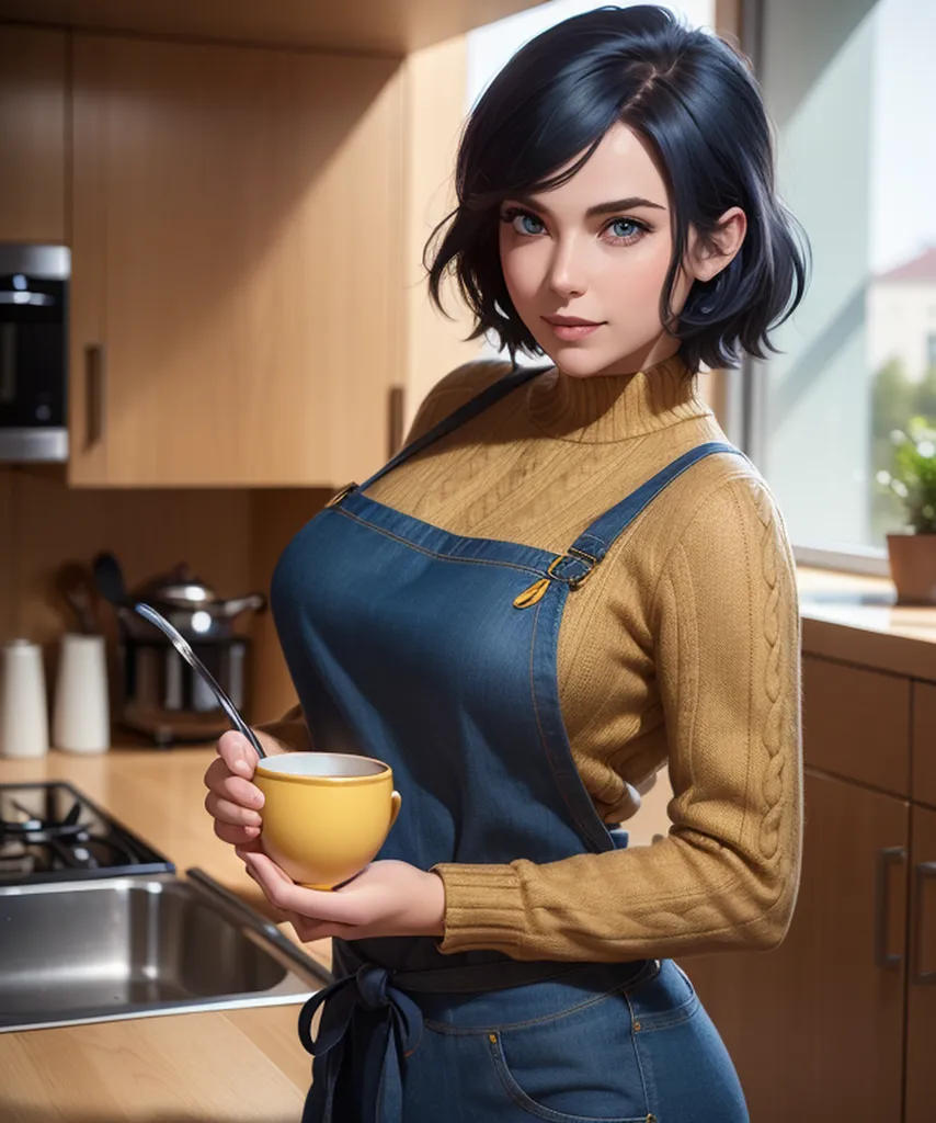 A woman with blue hair and blue eyes is standing in a kitchen. She is wearing a yellow turtleneck sweater and a blue apron. She is holding a yellow cup in her hands. There is a silver spoon in the cup. The woman is looking at the camera. There is a plant on the counter behind her.