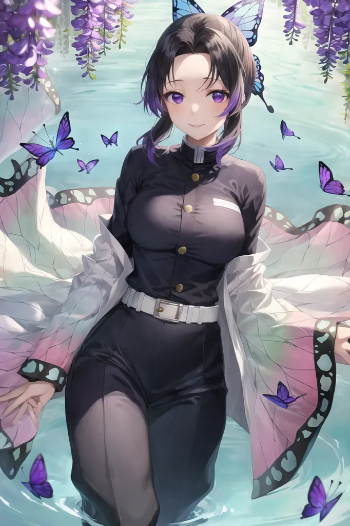 The image contains a young woman with purple hair and purple butterfly wings standing in a river. She is wearing a black and white uniform with a white belt. She has a gentle smile on her face and is surrounded by butterflies. The background is a blur of purple flowers and leaves.