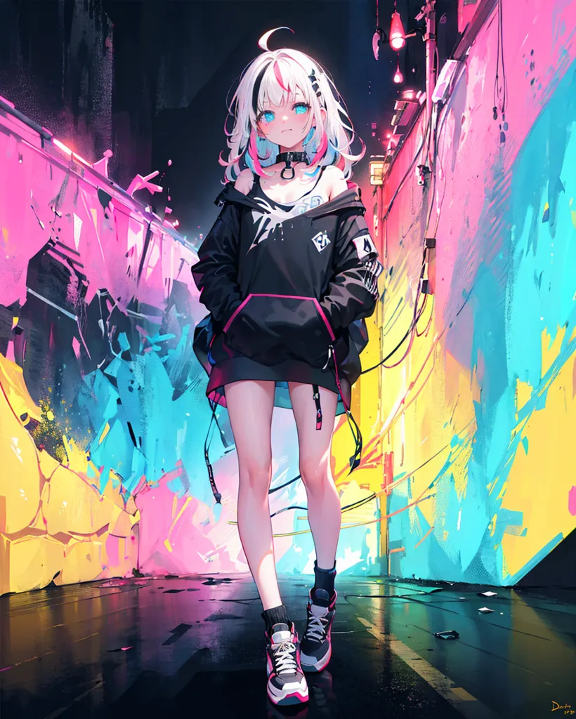 The image is a painting of a young woman with white and pink hair. She is wearing a black jacket, a gray skirt, and black sneakers with pink soles. She is standing in a dark alleyway with colorful graffiti on the walls. The light from the graffiti is reflecting off of her hair and clothes. She has a confident expression on her face and is looking at the viewer.