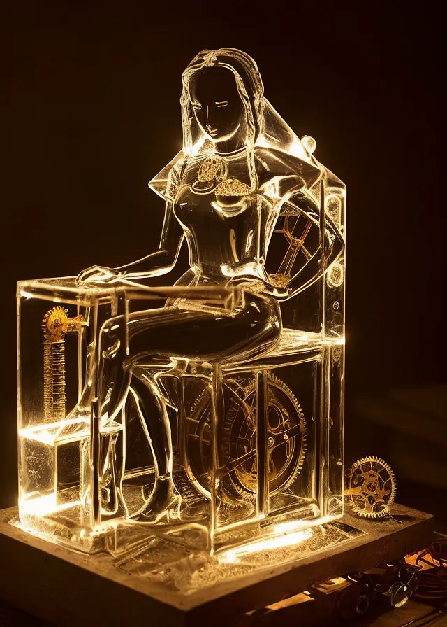 La imagen es una escultura de una mujer sentada en un trono. La escultura está hecha de vidrio o cristal y está iluminada desde el interior, lo que le da una apariencia brillante. La mujer lleva un vestido con un corsé y tiene una expresión serena en su rostro. El trono está decorado con engranajes y ruedas dentadas, lo que sugiere que la mujer es un símbolo del tiempo o la industria. La escultura está colocada sobre una base negra y está rodeada de oscuridad, lo que la hace destacar.