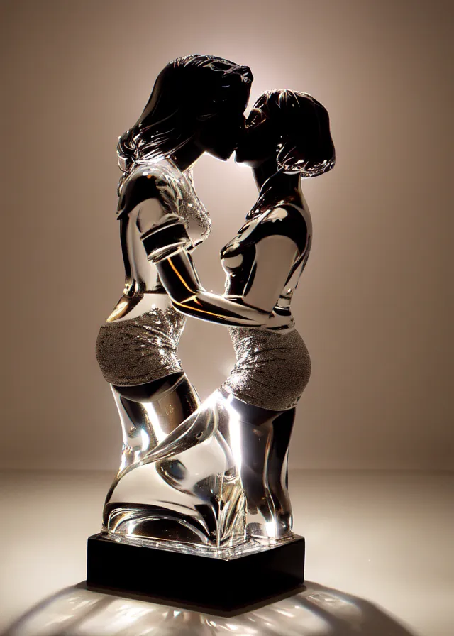 The image is a glass sculpture of two women kissing. The women are standing close to each other with their arms wrapped around each other's waists. Their heads are tilted toward each other and their lips are locked in a passionate kiss. The sculpture is mounted on a black base.