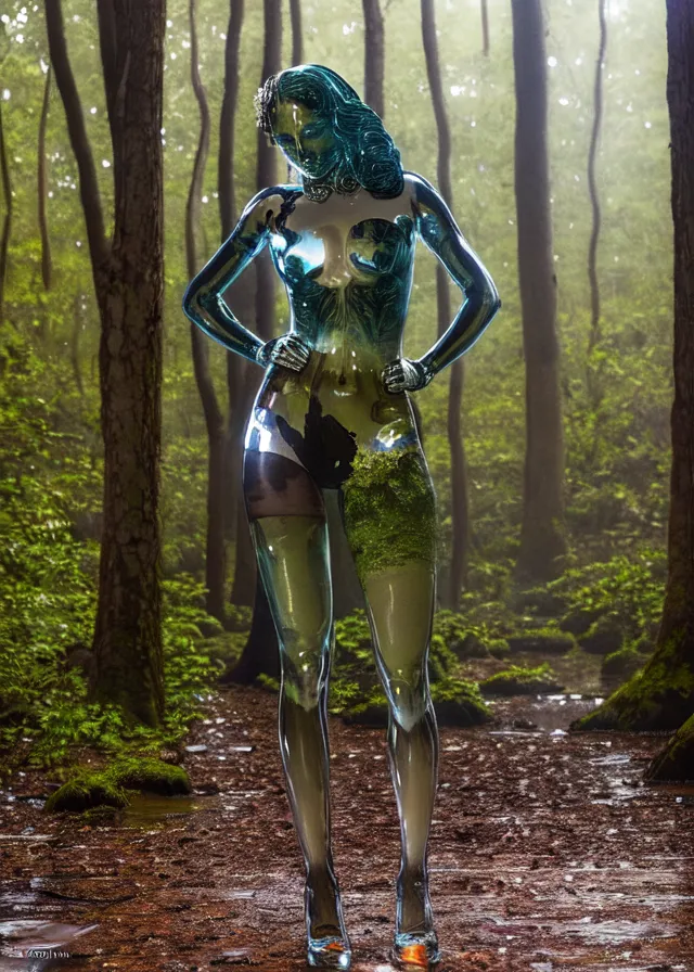 La imagen es una foto de una mujer transparente de pie en un bosque. La mujer está hecha de vidrio u otro material transparente. La mujer está de pie con las manos en las caderas. Ella está mirando a la cámara. El bosque es oscuro y verde. Los árboles son altos y las hojas son gruesas. El suelo está cubierto de musgo. Hay un pequeño arroyo que atraviesa el bosque. La mujer está de pie en medio del arroyo. El agua es clara y se puede ver el reflejo de la mujer en el agua.