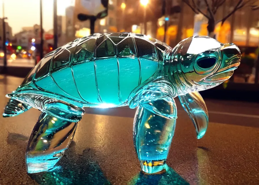 Ceci est une photo d'une figurine en verre d'une tortue. La figurine est assise sur une table en verre devant un arrière-plan flou de lumières de ville. La tortue est faite de verre bleu et vert, et la lumière de l'arrière-plan se reflète sur sa surface. La tortue est au point, et l'arrière-plan est flou, ce qui crée un sentiment de profondeur et de réalisme. La photo est prise d'un angle bas, ce qui rend la tortue plus grande et plus imposante. L'effet global de la photo est une beauté et une tranquillité.