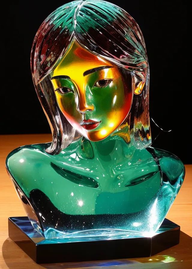 The image is a glass sculpture of a woman's head and shoulders. The sculpture is made of green glass, with the woman's hair, eyes, and lips being made of different colors of glass. The sculpture is sitting on a black base. The woman's head is tilted slightly to the right, and she is looking down. The sculpture is very detailed, and the woman's face is very realistic.