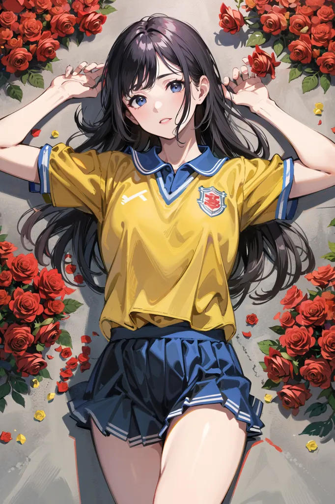 The image depicts a young woman lying on her back in a field of red roses. She is wearing a yellow jersey with a red collar and blue shorts. Her long black hair is flowing out behind her head. Her eyes are closed and she has a peaceful expression on her face.