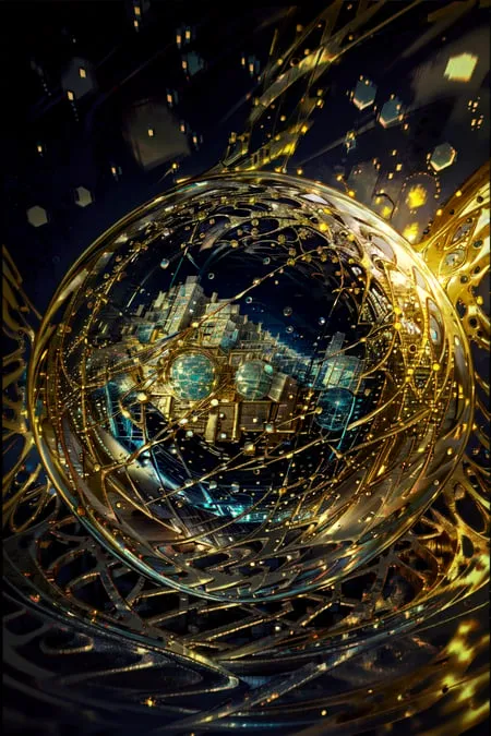 The image is a 3D rendering of a golden sphere with a glowing blue and green city inside. The sphere is made of intricate golden gears and mechanisms, and it appears to be floating in a dark void. There are also some small, glowing particles surrounding the sphere.