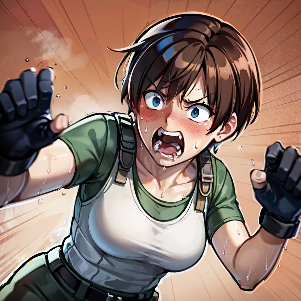 The image is of a young woman with short brown hair and blue eyes. She is wearing a green tank top and black gloves. She is in a fighting stance, with her fists raised and her mouth open in a grimace. Her face is flushed and she is sweating. The background is a blur of orange and brown.