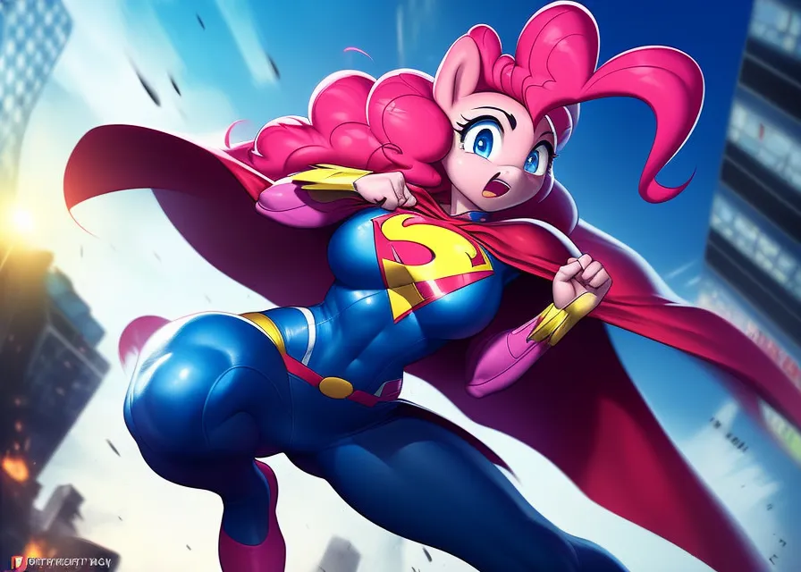 The image shows a pony with pink fur and blue eyes. She is wearing a blue and red superhero costume with a yellow \