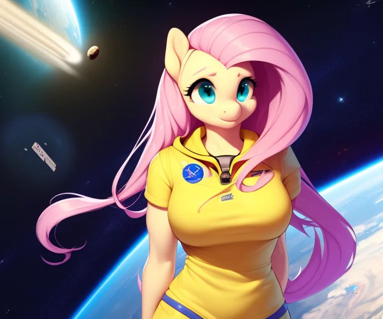 L'image montre un poney aux cheveux roses et aux yeux bleus portant une combinaison spatiale jaune avec un logo de la NASA sur la manche. Il y a un petit écusson sur la poitrine de la combinaison spatiale qui dit "Friendship". Il se tient devant une planète bleue et verte avec un fond étoilé. Il y a aussi une comète et un satellite en arrière-plan.