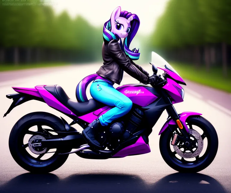 La imagen muestra un poni morado con una melena azul montando una motocicleta morada. El poni lleva una chaqueta de cuero negra y vaqueros azules. La motocicleta tiene la palabra "Starlight" en el lateral. El poni está montando en un campo con un árbol grande en el fondo.