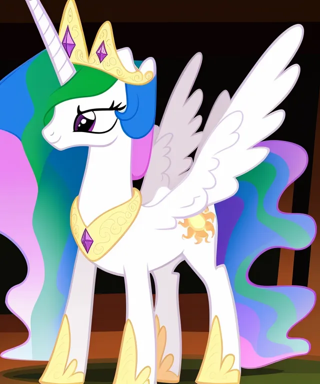 The image shows a white pony with a golden horn and blue-green mane and tail. She is wearing a golden crown and necklace with a sun-shaped pendant. Her wings are light blue and purple with a sun-shaped pattern. She is standing in a room with a dark blue background.