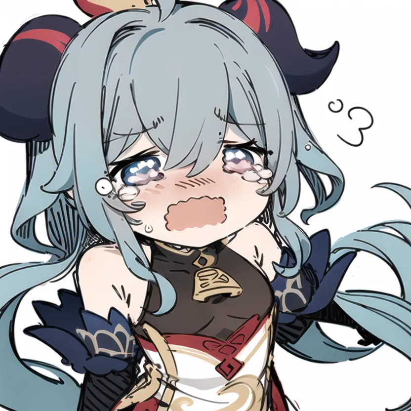 The image is of Ganyu, a character from the video game Genshin Impact. She is depicted in a chibi style, with a large head and small body. She has blue hair and eyes, and is wearing a white and red outfit. She is crying, with tears streaming down her face.