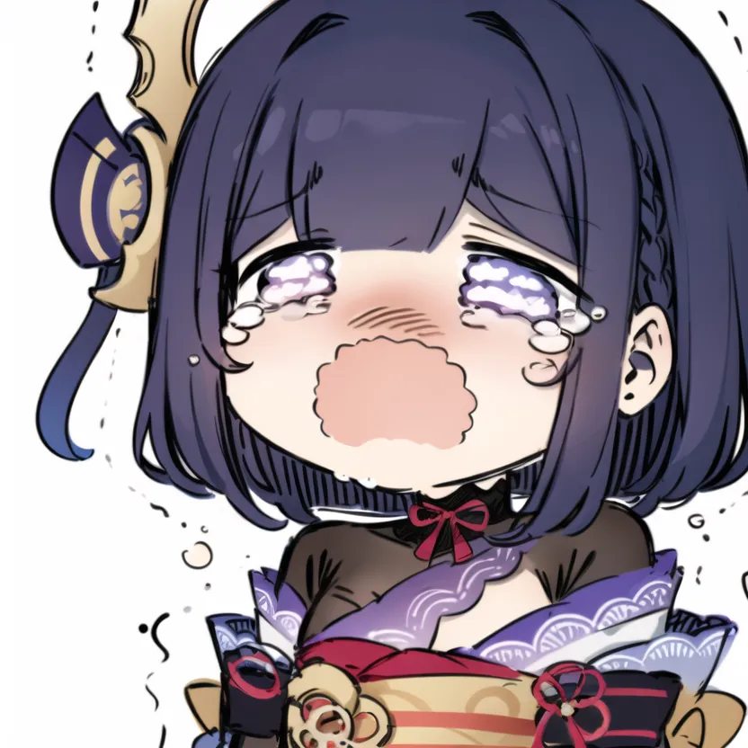 The image is of a chibi character with short dark purple hair and purple eyes. She is crying and has a hand over her mouth. She is wearing a purple kimono with a white and red obi. The background is white.