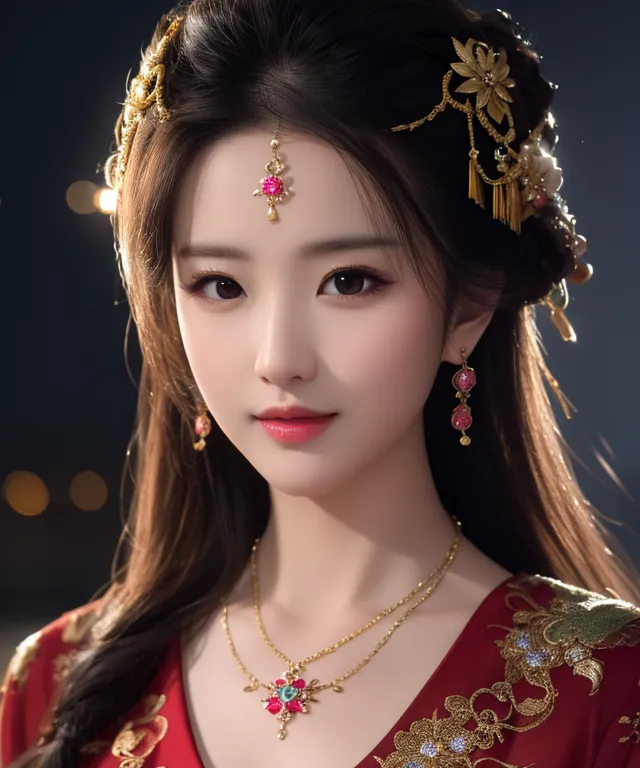 The image shows a young woman with long, dark hair. She is wearing a red dress with gold and silver accents. The woman is also wearing a necklace, earrings, and a headpiece. She has a gentle smile on her face. The background is blurred and out of focus.