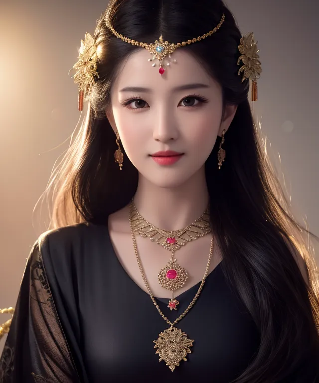 This is a picture of a young woman with long black hair and brown eyes. She is wearing a black dress with gold and red accents. She is also wearing a gold necklace and earrings. Her hair is styled in an elaborate updo with gold and red hair accessories. The background is a dark patterned gold color.