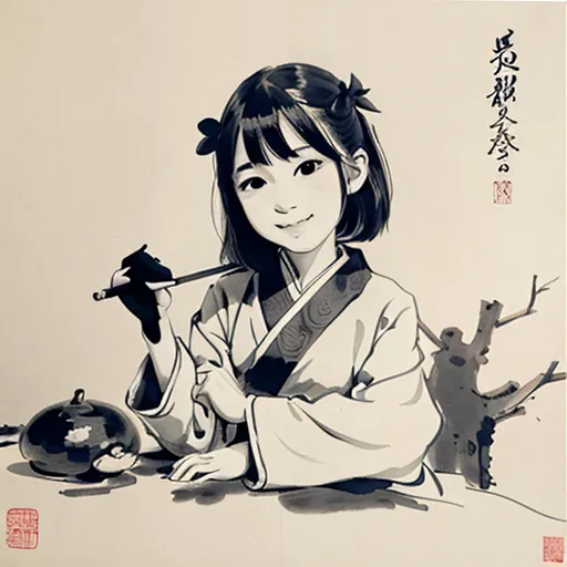 The image is a black and white painting of a young girl in a kimono. She is sitting at a table with a teacup on it. The girl is holding a brush and is smiling. There is a tree branch with leaves in the background. The painting is done in a traditional Chinese style.