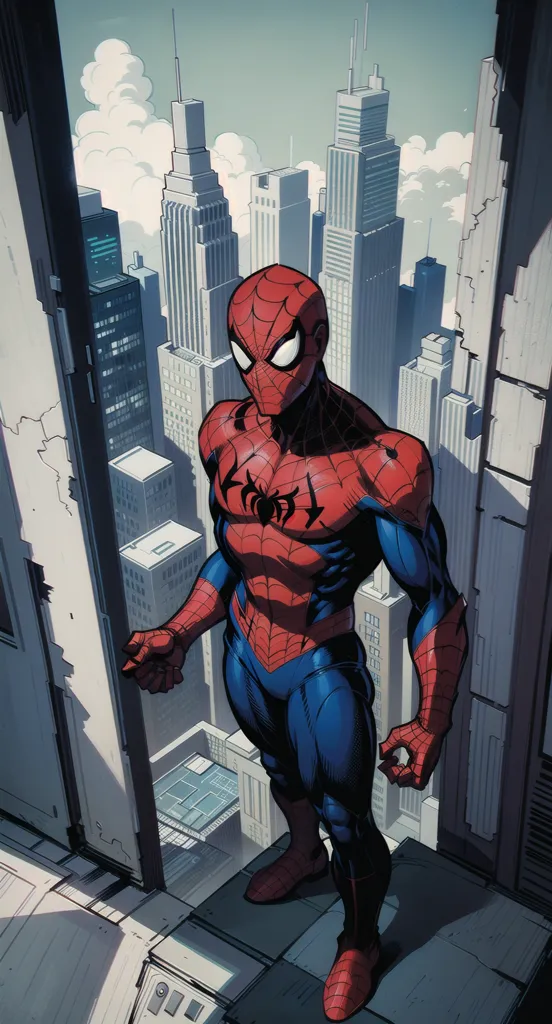 La imagen muestra a Spider-Man de pie en la azotea de un edificio. Lleva su traje clásico rojo y azul con la adición de un logotipo de araña negra. La ciudad se ve al fondo con muchos rascacielos. El cielo está nublado y hay un atisbo de luz solar que se filtra a través de las nubes.