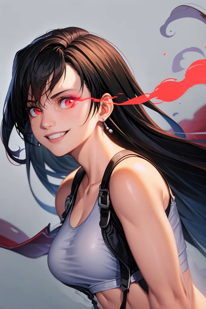 The image is of a young woman with long black hair and red eyes. She is wearing a white tank top and black shorts. She has a confident smile on her face and is looking at the viewer. There is a red streak in her hair that trails off behind her.