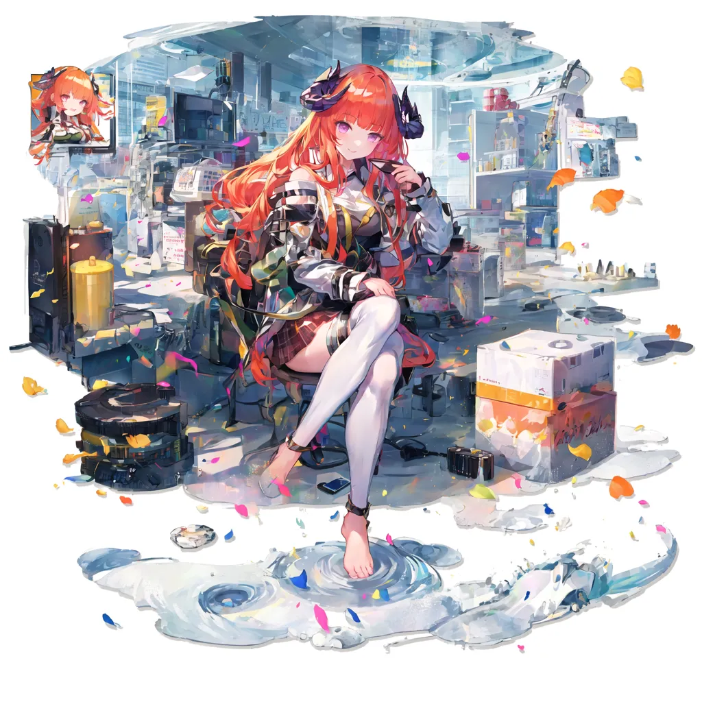 The image shows a young woman with orange hair and red eyes. She is wearing a white shirt, a black jacket, a gray skirt, and a pair of black boots. She is sitting on a box in a room with a lot of electronic equipment. There is a large window in the background of the room, and a city can be seen outside. The floor is covered in water, and there are some debris floating in the water. The woman is looking at the viewer with a smile on her face.