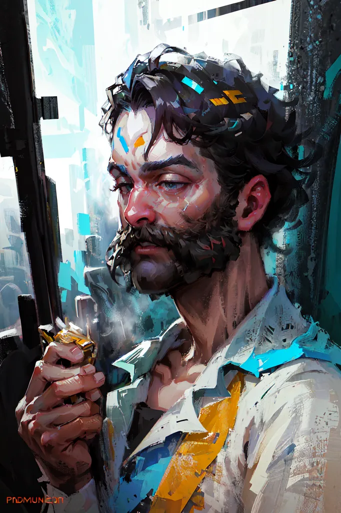 This image is a painting of a man with dark hair and beard. He is wearing a white shirt and has a yellow scarf around his neck. He is smoking a cigarette and looking to the right of the frame. The background is a cityscape with blue and white buildings. The painting is done in a realistic style and the colors are vibrant and saturated.