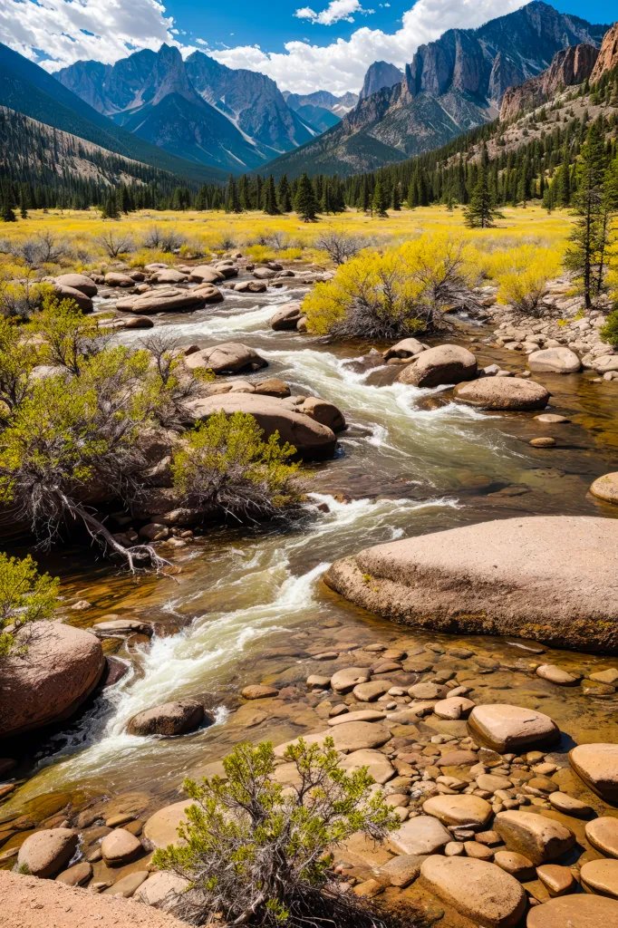 The image shows a beautiful mountain landscape with a river in the foreground. The river is flowing over rocks and boulders, and the banks are covered in lush vegetation. In the background, there are snow-capped mountains and a blue sky. The water in the river is crystal clear. The rocks and boulders in the river are various shades of brown. The vegetation on the banks of the river is green and lush. The mountains in the background are covered in snow. The sky is blue and there are some clouds.