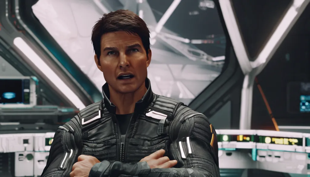 This is a scene from the video game "Star Citizen". The character is standing in a spaceship, looking at something off-camera. He is wearing a black leather jacket and has a gun in his hand. The graphics are very realistic and the character looks very lifelike.