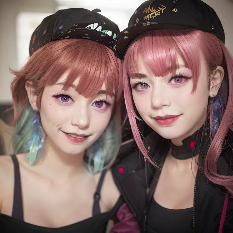 This is an image of two anime girls with pink hair. They are both wearing black caps and black jackets. The girl on the left has blue eyes and the girl on the right has purple eyes. They are both smiling.