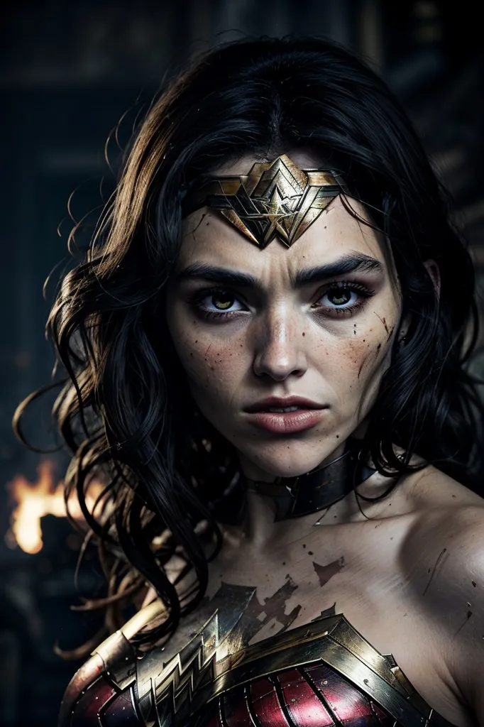 This is a picture of Wonder Woman, a superhero from DC Comics. She is wearing her iconic outfit, which consists of a red and gold bustier, a blue skirt, and a golden tiara. She has long, dark hair and blue eyes, and she is standing with a determined expression on her face. The background is dark and fiery.