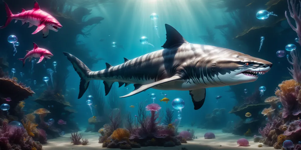 The image shows a large, realistic shark with two smaller sharks in the background. The shark has its mouth open and is showing its sharp teeth. It is swimming in a coral reef with many colorful fish, plants, and bubbles. The water is a deep blue color, and the sun is shining through