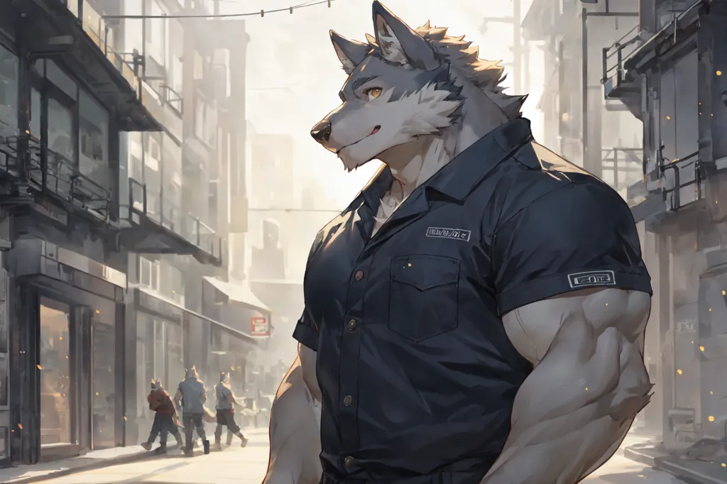 The image is an anime-style illustration of a muscular wolf-man. He is dressed in a black shirt and pants, and he has a stern expression on his face. He is standing in an urban setting, and there are people walking in the background. The wolf-man is well-built and has a muscular physique. He is also very tall, and he is towering over the people in the background.