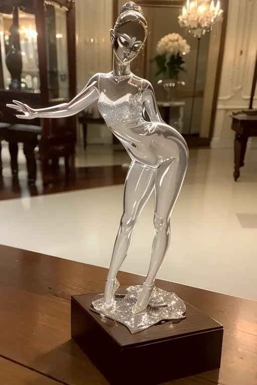 The image is a crystal sculpture of a woman. The woman is wearing a leotard and is standing on a black base. The sculpture is very detailed and captures the woman's form in great detail. The woman's hair is pulled back in a bun and she is wearing a tiara. The sculpture is also very clear and transparent, allowing the viewer to see the woman's body in great detail. The sculpture is sitting on a wooden table. There is a white marble floor in the background.