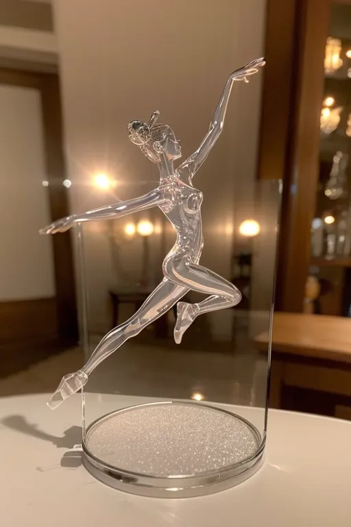 The image is a glass sculpture of a ballerina. It is made of clear glass. The ballerina is standing on one leg with her arms outstretched. Her hair is in a bun and she is wearing a leotard. The sculpture is mounted on a round silver base. There is a glass dome over the ballerina to protect it. The sculpture is sitting on a wooden table. There are blurred reflections of a room in the background.