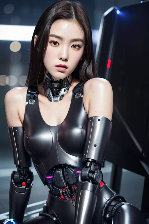 The image depicts a beautiful woman with long black hair and brown eyes. She is wearing a black leather bodysuit with a metallic sheen. The bodysuit has a high collar and is sleeveless. She is also wearing a pair of black boots with high heels. The woman is sitting on a black leather chair in a dimly lit room. There is a futuristic cityscape visible through the window behind her.